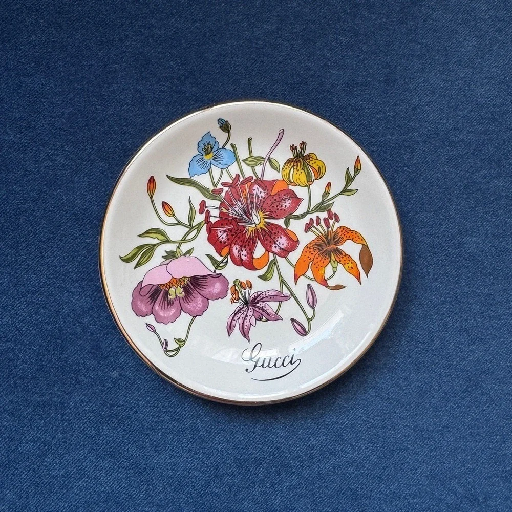 Vintage GUCCI Floral Logo Monogram Gold Trinket‎ Dish Porcelain Tray plate
